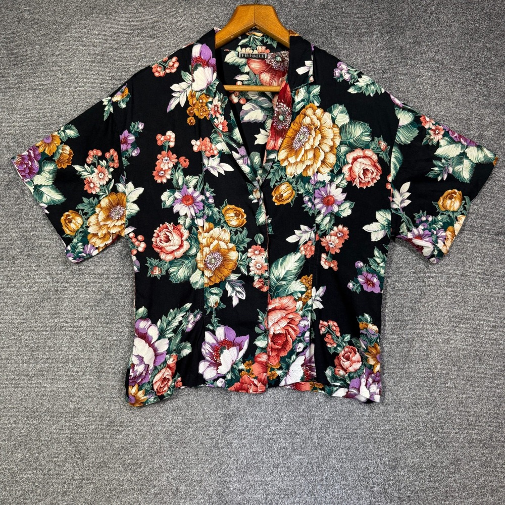 Vintage Pinnacle Floral Button Up Shirt 100% Rayon ILGWU Made in USA Black Large
